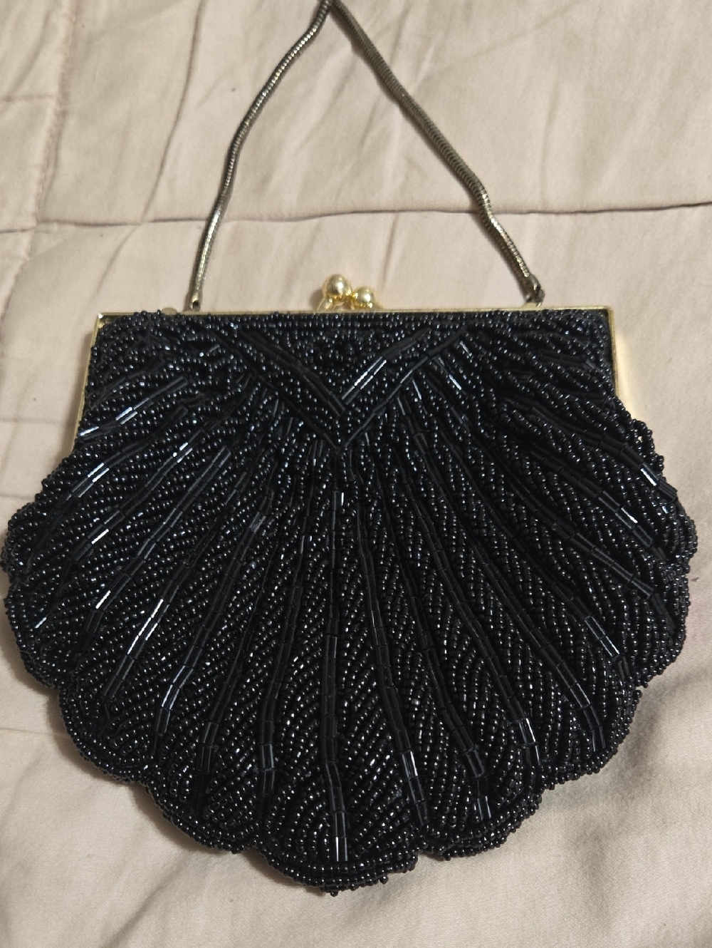 Black Beaded Shell Evening Bag - Women's Shoulder Clutch